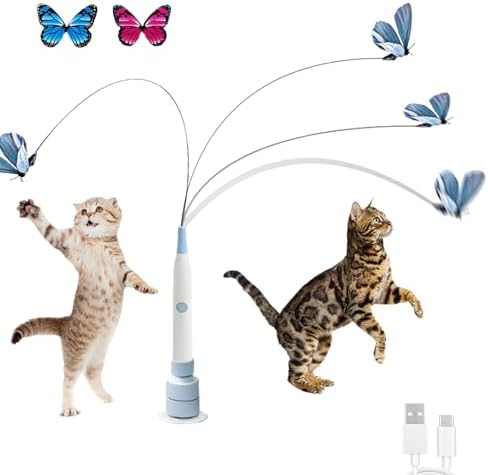 Interactive Cat Toys for Indoor Cats, Upgraded 360° Automatic Spin Butterfly, USB Rechargeable Electric Cat Teaser with Strong Suction Base, Enrichment Toy for Bored Cats (Blue)