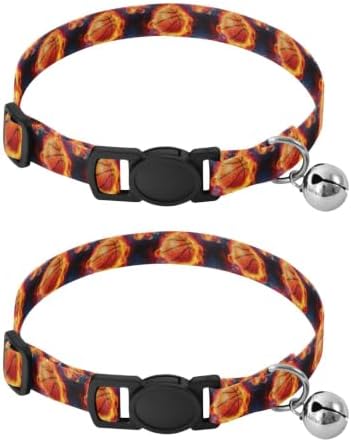 2 Pack Pet Collars Basketballs Fire Black Kitten Collar with Bell, Adjustable 10.6 to 17.1 Inches