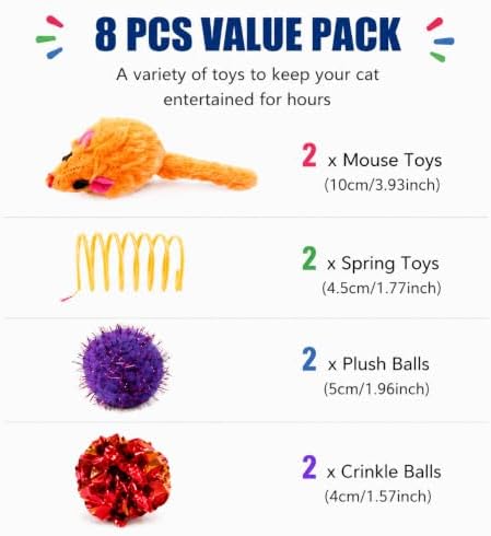 LOS ANDES 8 Pack Cat Toy Assortment, Interactive Crinkle Balls Plush Mice Spring Toys, Indoor Boredom Relief Toys for Kittens & Cats