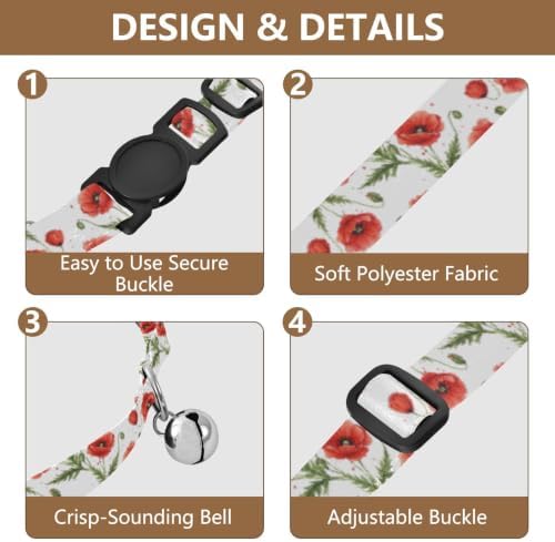 Red Poppy Flowers Green Leaf Easy to Wear Cat Collars 2 Pack Cat Neck Collar