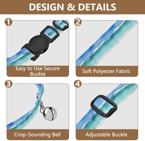 Watercolor Ocean Waves Blue Turquoise Cat Collar Breakaway with Bell 2 Pack Kitten Collar Adjustable Length 10.6" to 17.1"