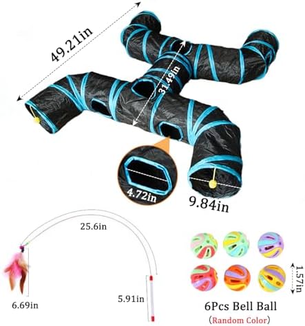 4-Way Large Cat Tunnel, H Shape Cat Tube Toy with Interactive Playing Balls, Peek Hole for Indoor Cats, Kitten, Kitty, Puppy, Rabbit (Black)