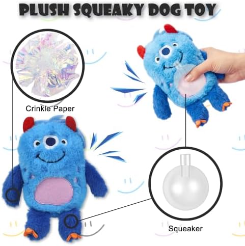 Monster Plush Squeaky Dog Toy Crinkle Dog Chew Toy for Small Medium Large Dogs, Blue
