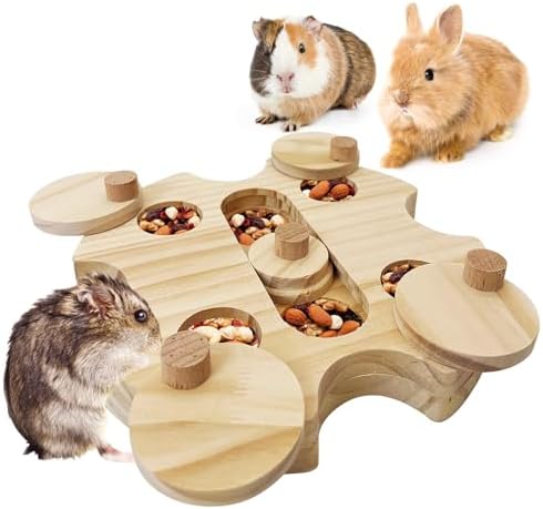 BNOSDM Hamster Foraging Toys Boredom Breaker Pet Rat Foraging Toys Bunny Puzzle Toys for Rabbits Interactive Bunny Toys Wooden Hamster Enrichment Toys for Guinea Pig Chinchillas Small Rodents,6-Hole