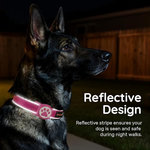 Heavy Duty Dog Collar with Silicone AirTag Holder, Waterproof & Reflective Padded Pet Collar for Night Walking, Hotpink Plaid Oxford Cloth, Adjustable Buckle (Pink L)
