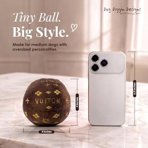 Dog Diggin Designs Chewy Vuiton Plush Squeaky Dog Toy Ball | Luxury-Inspired Parody Designer Ball with Squeaker, Soft Plush Fetch Dog Toy – Prêt-à-Porter Play!