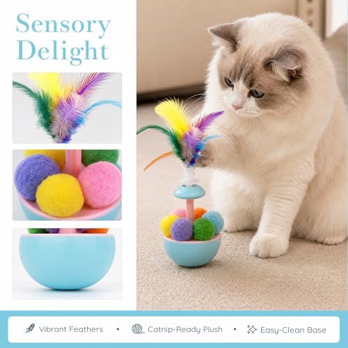 JINTONE Interactive Cat Toy, Self-Righting Tumbler with Feathers & Catnip-Ready Plush Ball, No Battery Needed, Relieve Boredom, Stop Night Zoomies, Easy to Clean for Indoor Kittens & Adult Cats