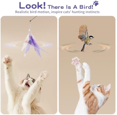 Pawaboo Cat Feather Wand Interactive Toy, 2 Feathers + 1 Wand with Bell