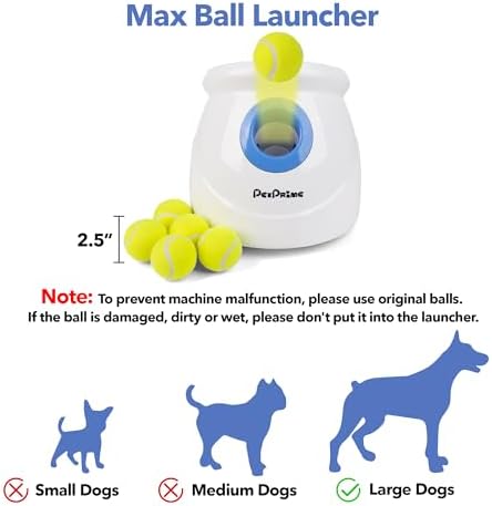 Pet Prime Dog Automatic Ball Launcher for Large Dogs Ball Thrower Machine Outdoor Indoor Use Interactive Dog Toy Adjustable Distance 10-40ft - Included 6 PCS 2.5” Tennis Balls and a Whistle