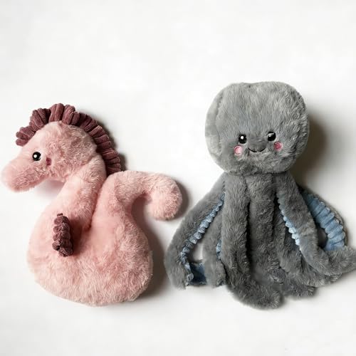 PetLike Plush Sea Animals Toys with Squeaker and Rope,Interactive and Adorable Dog Chew Toys for Medium Large Dogs Biting Training Teething (Pink Seahorse+Grey Octopus)