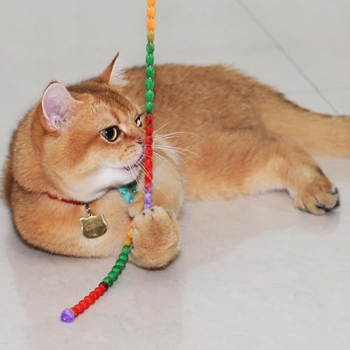 Interactive Cat Toys, 3 Pcs Cat Wand Toys for Indoor Kitten with Colorful Bead Shape Hemp Rope and Small Bell, Kitty Teaser String Toy for Indoor Cats to Chase and Exercise