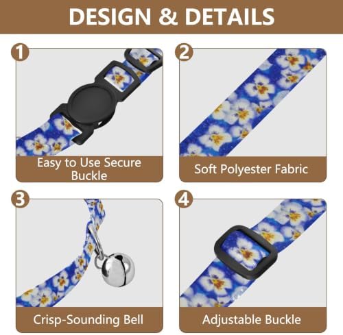 2 Pack Pet Collar Blue White Pansy Flowers Cat Collar Breakaway with Bell, Adjustable Length 10.6" to 17.1"