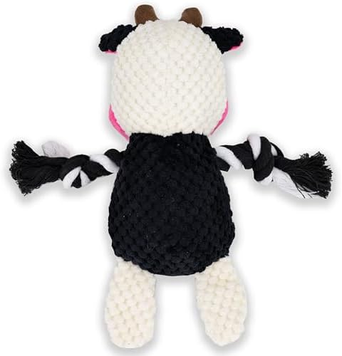 Squeaky Dog Toy Chew Plush Stuffed with Cotton Rope Crinkle Paper Soft Interactive Durable for Small Medium Large Dogs Puppy Pet White Cow