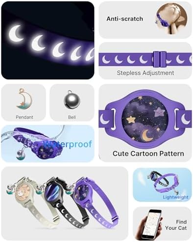 typecase Reflective Breakaway Cat Collar with AirTag Holder, Purple & White | Purple Reflective Breakaway Cat Collar With Bell And Silicone AirTag Holder; Adjustable 8-12 In; AirTag Not Included