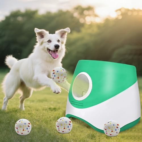 MEKAPLE Automatic Dog Ball Launcher for Samll to Medium Dogs, Upgraded Interactive Toy Balls Thrower, Distance Adjustable Mental Stimulating Dog Toys with 4 Etpu Balls 2.2 Inch (Green)