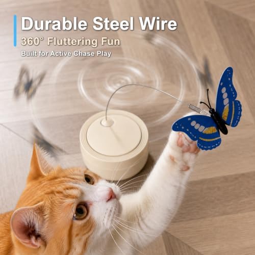 Interactive Butterfly Cat Toy for Indoor Cats, 360° Rotating Wand, Beige