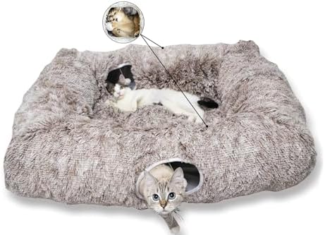 XxingSheep 4 Cave Shuttled XL Cat Tunnel Bed for Indoor Cats Peekaboo Toy Donut with Warm Mat, Yellow-Brown