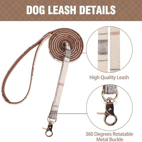 KOOLTAIL Small Dog Collar and Leash Set with Bowtie and Bells - Cute Shirt Style Puppy Bandana Collar and Leash for Male with Classic Plaid Pattern,Soft Leather Leashes for Small Dogs Boys Girls,Beige