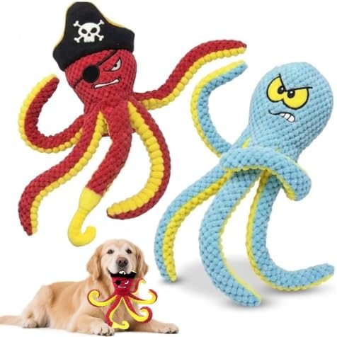 Interactive Octopus Dog Toy, Plush Dog Toy with Crinkle Paper & Squeaker, Tug of War Dog Toy for Small Medium Large Dogs, Soft Dog Chew Toy for Indoor Play, Puppy Training (J-Octopus-Green+Red)