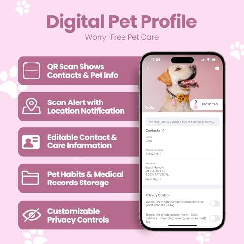 Silent Silicone Dog ID Tag with NFC, Scan QR for Instant Location Alerts, Emergency Contact and Modifiable Pet Profile, 1 Pack (Pink)