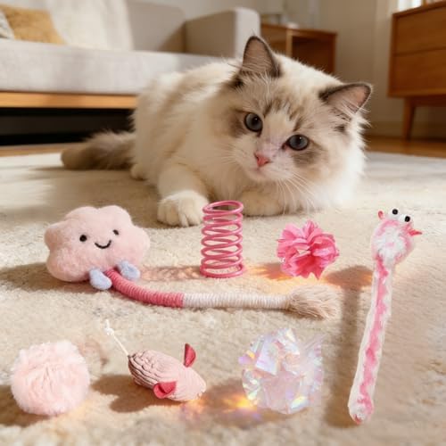 20 Pcs Cat Toy Pack Interactive Kitten Toy Set,Including Cute Catnip Chew Rope Springs Mice Crinkle Ball Furry Balls Toys for Indoor Cat,Pink Kitten Toys with Gift Bag