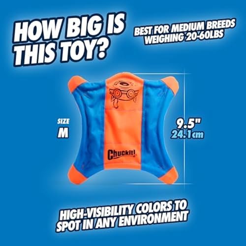 Chuckit! Flying Squirrel Fetch Dog Toy - Water Floating Flyer - Soft and Durable Polyester Canvas Construction - for Medium Dogs - 9.5-inch Diameter - Orange and Blue, Medium (Pack of 12)