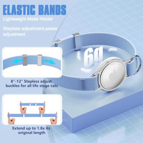 AirTag Cat Collar, Elastic Tracker Collar with Airtag Holder and Bell | Compatible with Apple Air Tag, Lightweight & Scratch Resistant, Adjustable Stepless GPS Pet Collar for Cats Kittens, Blue