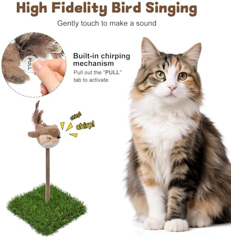 Interactive Cat Toy for Indoor Cats, Chirping Bird Cat Toy with Green Turf Base, Flying Bird Cat Toy with Real Bird Sound and Feather Tail, Cats Exercise & Kicker to Self Play