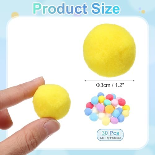 Cat Toy Pom Ball, Interactive Cat Ball Toys Fuzzy Pompoms (Plush, 1.2Inch, 30Pcs, Candy Colors) for Kittens Pet Enrichment Training Play Indoor
