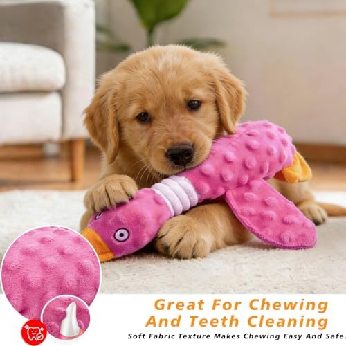 Squeaky Dog Toys for Aggressive Chewers, Durable Stuffed Animal Plush Dog Toy with Soft Fabric for Large, Medium & Small Dogs, Interactive Puppy Chew Toy for Teething, Crinkle Duck Dog Toy - Pink
