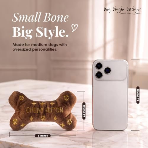 Dog Diggin Designs Chewy Vuiton Plush Dog Toy Bone | Luxury-Inspired Parody Designer Bone with Squeaker, Soft Plush Chew & Play Dog Toy – Prêt-à-Porter Play!