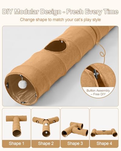 Cat Tunnel, 3 Straight Shaped Tunnels 6 DIY Shapes with Wand Toys, No Noise Scratch Resistant Cool Linen Fabric, Interactive Pet Tunnel Tube for Indoor Cats, Puppy and Rabbits