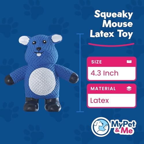 My Pet & Me Rubber Squeaky Dog Toys for Small Dogs and Puppies, Soft Latex Squeak Toy for Light to Moderate Chewers, Teething and Fetch Play with Squeaker (Blue Mouse, 4.3 Inch)