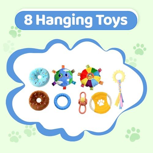 Puppy Play Gym with Hammock 8 Hanging Toys, Dog Jungle Gym Indoor Pets Cats Toys, Teething Chew Toys Puppy Gym Activities Center for Cats Adjustable Playground for Small Dogs at Home PVC Frame