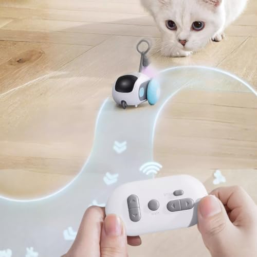 Smart Remote Control Cat Toy Car - Interactive Automatic Robotic Teasing Mouse with Feathers, Rechargeable Self-Moving Kitten Toy for Carpet Wood Floor, Touch-Activated Standby