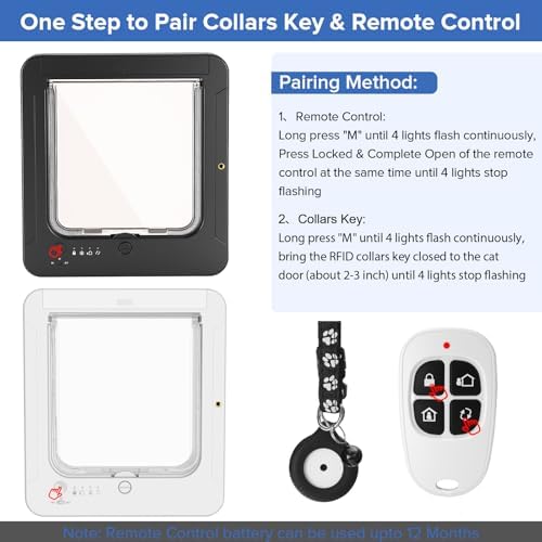 Smart Cat Door for Interior & Exterior, Cat Pet Door with 3 Collar Sensor Keys & 1 Remote Control & 4 Way Locking Cat Flap with RFID Collar Activated Opening