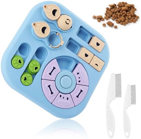 Dog Puzzle Feeder Set with Grooming Tools, Slow Eating Bowl for Mental Stimulation and Digestion, Interactive Feeding Set for Dogs, Blue