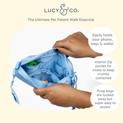 Lucy & Co. Crossbody Treat Bag, Pet Treat Pouch, Fanny Pack, Shoulder Bag, Wear 3 Ways, Hidden Poop Bag Dispenser, Zip Dog Snack Pocket, Phone Pocket, Dog Accessories (Denim Blue)