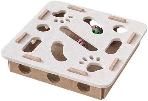 Interactive Cat Puzzle Feeder Toy – Felt Maze Box with 3 Jingle Balls – Mental Stimulation, Slow Feeding & Fun Exercise for Indoor Cats & Kittens (1,Square-Beige)