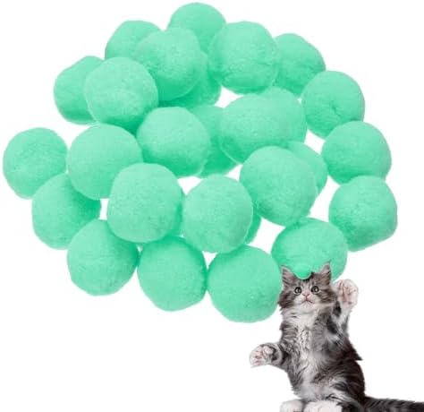 Cat Toy Pom Ball, Interactive Cat Ball Toys Fuzzy Pompoms (Plush, 1.2Inch, 30Pcs, Green) for Kittens Pet Enrichment Training Play Indoor