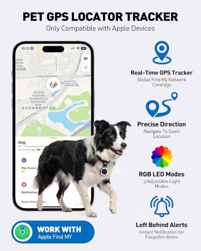 Pet Tracker for Dogs Cats, Location & LED Night Light Tag, No Monthly Fee | Compatible with iPhone, Compatible iOS, IPX7 Waterproof Collar Tag, 360-Day Battery, Paw Print Design, Lightweight 25g