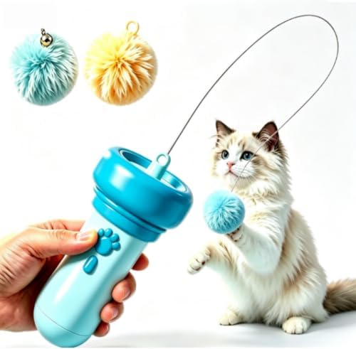 Hands-Free Electric Cat Toy Interactive Teaser Entertainment Toy for Kitten, One-Click Pop Out & Auto Retractable Cat Wand Toy with Soft Balls, Kitten Teaser Toys for Indoor Cats (Sky)