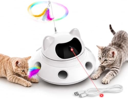 Parakeets Conures Cockatiels 3-in-1 Auto Cat Toy, USB Recharge Motion Activated Kitten Feather Chase Toy - Snow-White