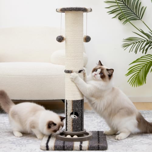 Woochpet Cat Scratching Post 34"Tall Grey Sisal Scratcher Tree With Cat Toy