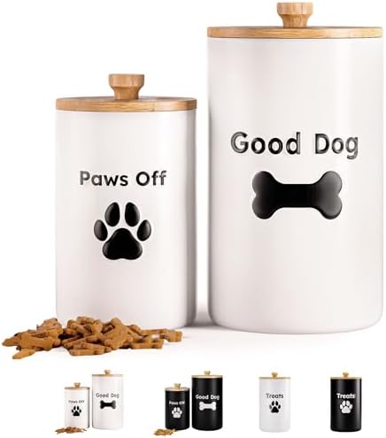 Dog Treat Container Airtight Set of 2, 9x5 & 7x4 inch Ceramic Jars. 11 Cups