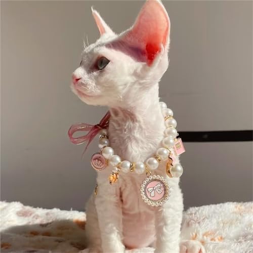 Ribbon Bow Pearl Pet Necklace,Multi Decor Charms Adjustable Collar Kittens