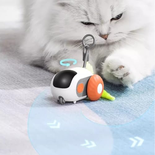 Smart Remote Control Cat Toy Car - Interactive Automatic Robotic Teasing Mouse with Feathers, Rechargeable Self-Moving Kitten Toy for Carpet Wood Floor, Touch-Activated Standby