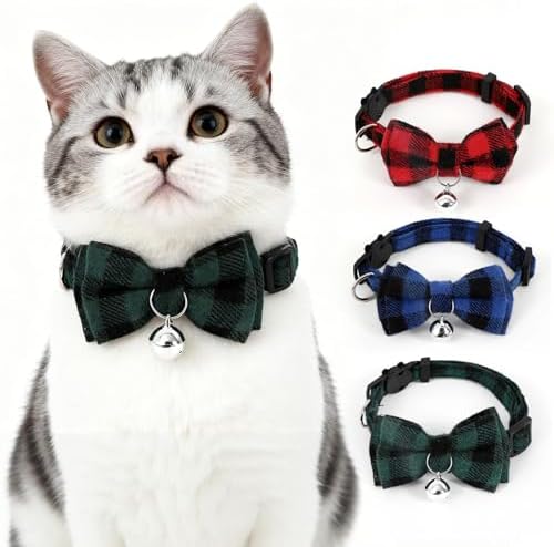 Plaid Breakaway Cat Collar with Bell & Removable Bow Tie – Cotton Kitten Collar with Bells for Boy Cats or Small Dogs. Adjustable Size 7.5-12.2in (1, Green)