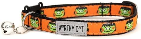 THE WORTHY DOG Halloween Patterns, Breakaway Cat Collar with Bell, Orange