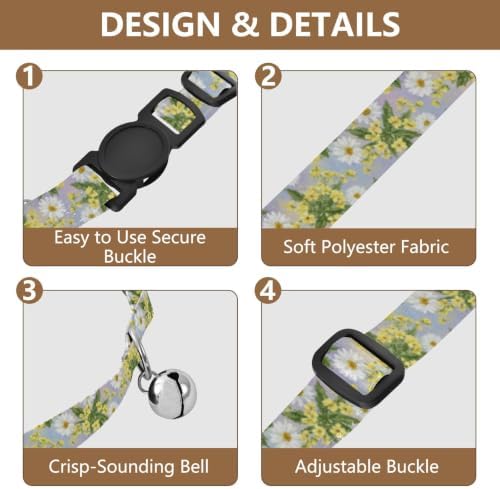 Daisies Flowers Green Leaf Soft Cat Collar, 2 Pack Kitten Bell Collar